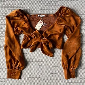 Lush Boutique Brand Size Large Orange Long Sleeve Square Neck Blouse Crop Top